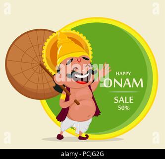 Onam fest. König Mahabali holding Regenschirm, fröhlichen cartoon Charakter. Happy Onam Festival in Kerala. Vector Illustration für Verkauf Stock Vektor