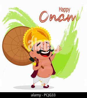 Onam fest. König Mahabali holding Regenschirm, fröhlichen cartoon Charakter. Happy Onam Festival in Kerala. Vector Illustration auf abstrakte backgroun Stock Vektor