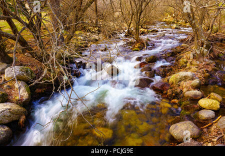 Die Manzanares kreuzt die La Pedriza Park, im Zustand von Madrid, Spanien, in den Parque Regional de la cuenca Alta del Manza integriert Stockfoto