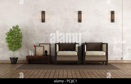 Retro Wohnzimmer mit zwei Sesseln gegen Weiße Wand - 3D-Rendering Stockfoto