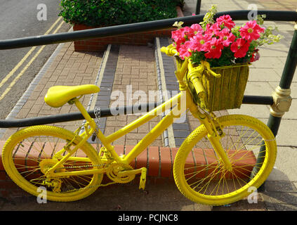 Hunstanton in voller Blüte, ungewöhnliche Pflanze Container, Gelb lackiert Fahrrad Stockfoto