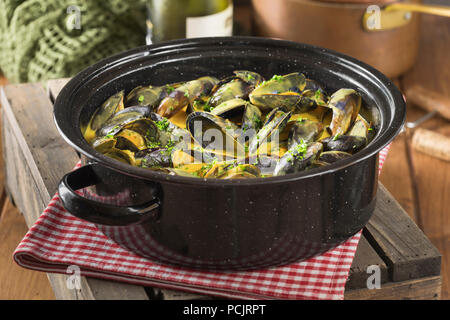 Mouclade. Muscheln in Sahne und Curry Sauce Frankreich Essen Stockfoto