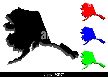 3D-Karte von Alaska (Vereinigte Staaten von Amerika) - Schwarz, Rot, Blau und Grün-Vector Illustration Stock Vektor