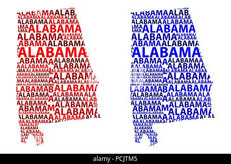 Skizze Alabama (USA) schreiben Text Karte, Alabama Karte - in der Form des Kontinents, Karte Alabama - Rot und Blau Vector Illustration Stock Vektor