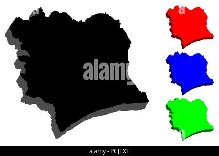 3D-Karte von Elfenbeinküste (Côte d'Ivoire) - Schwarz, Rot, Blau und Grün-Vector Illustration Stock Vektor