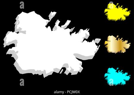3D-Karte von Antigua (Waladli oder Wadadli, Antigua und Barbuda) - weiß, gelb, blau und gold-Vector Illustration Stock Vektor