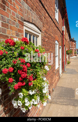 Wareham Dorset England August 02, 2018 Alte Cottages in West Street mit Blumenschmuck Stockfoto