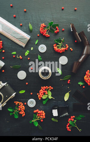 Vintage Retro Kamera flach auf dunklem Hintergrund mit negativen Filmrollen und Wild Berry Obst Anordnung eingerichteten legen Stockfoto