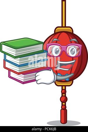 Schüler mit Buch chinesische Laterne Maskottchen Karikatur Stock Vektor