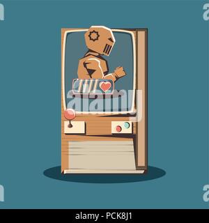 Retro videospiele Design mit Arcade Machine mit Roboter Zeichen auf blauem Hintergrund, farbenfrohen Design. Vector Illustration Stock Vektor