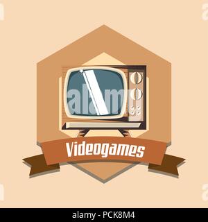 Vintage videospiele Emblem mit retro TV-Symbol über orange Hintergrund, farbenfrohen Design. Vector Illustration Stock Vektor