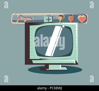 Retro videospiele Design mit retro Tv und Player eine Ebene über den blauen Hintergrund, farbenfrohen Design. Vector Illustration Stock Vektor