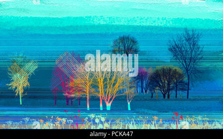 Abstrakte farbenfrohe Ölgemälde auf Leinwand Textur. Halb abstrakten Bild der Landschaft Gemälde Hintergrund. Moderne Kunst ölgemälde mit Grün, Rot und Stockfoto
