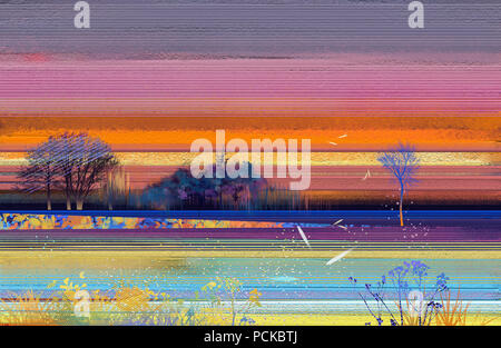 Abstract mixed Media der gemälde landschaft. Bunte blau lila Himmel. Malen im freien Bilder von Baum, Feld, Wiese und Blumen. Abstraktion Landschaft na Stockfoto
