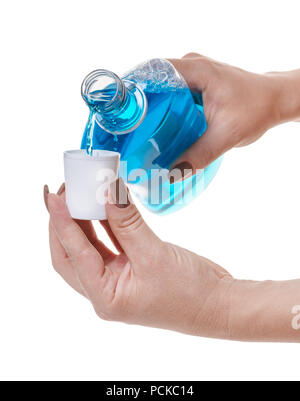 Flasche mit hygienischen Produkt in der Hand auf weißem Hintergrund isoliert Stockfoto