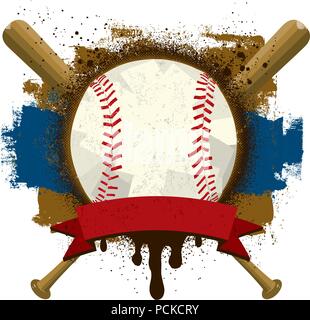 Baseball Insignia einen Baseball mit einem Text Banner über Baseballschläger und eine grunge Hintergrund. Stock Vektor