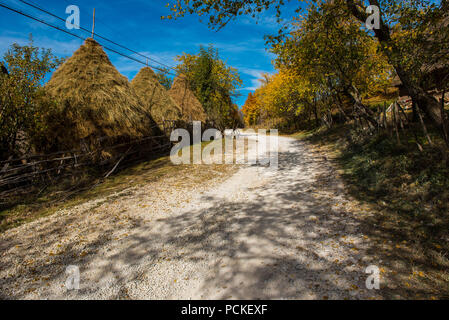 Unbefestigte Straße durch Bergdorf. Bunte Herbst Wald und Holz- Haus Stockfoto