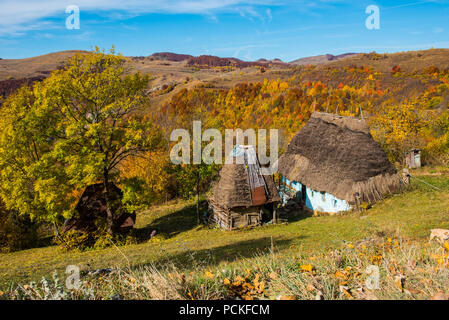 Abgebrochene Holzhaus mit Strohdach in den Bergen. Bunte Herbst Wald Stockfoto