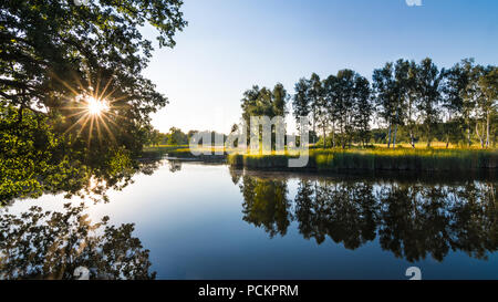Im Sommer idyllische Landschaft. Teich und den Sonnenuntergang. Südböhmen, Europa. Blaues Wasser Oberfläche in der natürlichen Landschaft. Schöne Spiegelung, Birken, Laub, Bäume. Stockfoto
