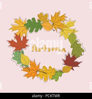 Herbst Rahmen Hintergrund. Kranz der Blätter im Herbst. Mehrfarbige Ahorn, Eiche und Esche leves. Vector EPS 10. Stock Vektor