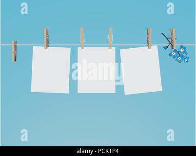 Leeren Bilderrahmen set hängen an Wäscheklammern. Zusammensetzung von leeren Bilderrahmen und Vergissmeinnicht. Modernes flaches design Banner. Vector EPS 10. Stock Vektor