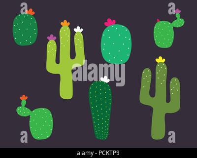 Mexikanische Cactus flower Collection. Cactus Muster auf schwarzen Hintergrund. Flache Ikonen der Kakteen. Vector EPS 10. Stock Vektor