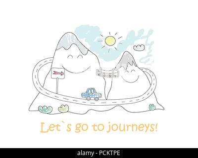 Road Trip doodle. Berglandschaft für Reise. Comic Charakter. Vector EPS 10. Stock Vektor