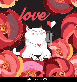 Festliche Grußkarte mit einem geliebten Katze unter den Blumen. Stock Vektor
