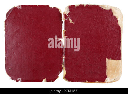 Rote Abdeckung des alten schmutzigen Buch verwendet, eröffnet. Auf weissem studio Makroaufnahme isoliert Stockfoto
