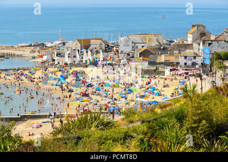 Lyme Regis, Dorset, Großbritannien. 3. August 2018. UK Wetter. Blick von Langmoor Gärten der Urlauber und Badegäste Packen der Strand im Badeort von Lyme Regis in Dorset, als Sie den warmen Sonnenschein und blauem Himmel während der Sommerferien genießen. Foto: Graham Jagd-/Alamy leben Nachrichten Stockfoto