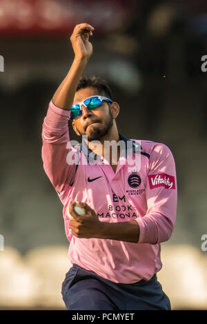 London, Großbritannien. 2. August 2018. Ravi Patel schlagen für Sussex Haie gegen Middlesex in der Vitalität Blast T20 Cricket Match an den Lords. David Rowe/Alamy leben Nachrichten Stockfoto