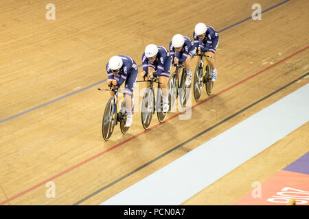 Glasgow, Schottland, Großbritannien. 3. August 2018. Frankreich konkurriert in die Frauen streben nähere Bestimmung, während Tag 2 des Glasgow Europameisterschaften 2018 im Sir Chris Hoy Velodrome. Iain McGuinness/Alamy leben Nachrichten Stockfoto