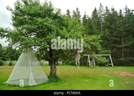Ein weißes Moskitonetz unter einem Apfelbaum und einem hölzernen Spielplatzgeräte in einem Hinterhof mit ein paar Bäumen im Hintergrund an einem bewölkten Tag Stockfoto
