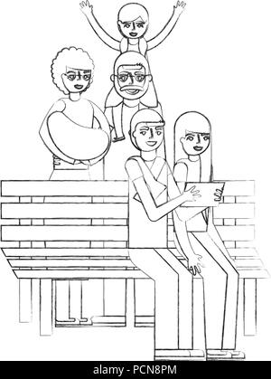 Happy Family, selfie sitzt auf der bank Vector Illustration Hand Zeichnung Stock Vektor