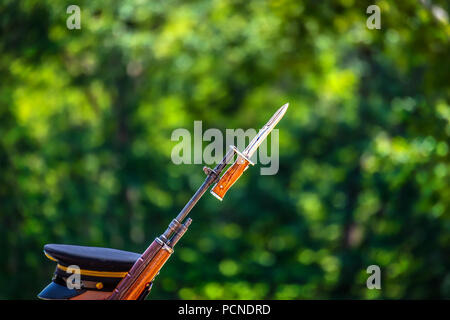 Der Kopf und der Hut eines US Army Soldat sein Gewehr auf Wache. Stockfoto