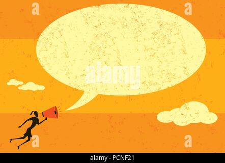 Kommunikation mit einem Megaphon eine Geschäftsfrau Ankündigung einer Nachricht in einer Sprechblase mit einem Megaphon. Die Frau & Sprechblase und die backgro Stock Vektor