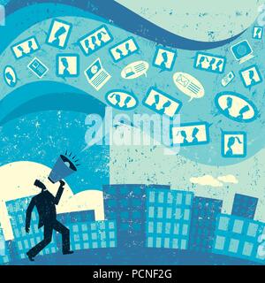 Kommunikation mit Social Media. Ein Geschäftsmann schreien in ein Megaphon und kommuniziert seine Nachricht mit Social Media. Stock Vektor