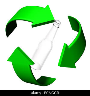 Flaschen und Glas. Recycling Symbol.. Ökologisch saubere Welt. Stockfoto