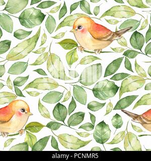 Frühling Blumen und Vögel. Hand gezeichnet Aquarell Blumen nahtlose Muster Stockfoto