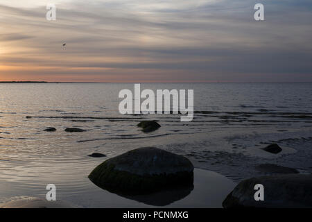 Sonnenuntergang über den Hafen von Tallinn, Estland. Ostseeküste von Estland, am späten Abend in Tallinn. Stockfoto