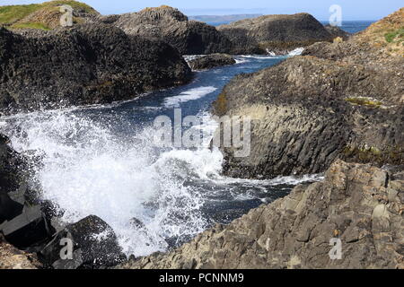 Kleine Inseln und Schären bei Ebbe an exponierten Ballintoy auf der Causeway Coast von Nordirland. Stockfoto