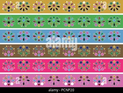 Vektor Grafik, Illustration Satz mit 6 Spitzen, Bänder in Boho, Folk, ethno Stil. Mehrfarbige Muster im Stil der 60-er Jahre 70-er Stock Vektor