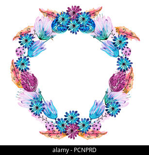Aquarell und Tusche Abbildung von Kranz. Multicolor Flower Garland in Blau, Grün, Pink, Rot, Orange. Hochzeit Krone. Boho , Rainbow Stockfoto