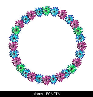 Aquarell und Tusche Abbildung von Kranz. Multicolor Flower Garland in Blau, Grün, Pink, lila Tönen. Hochzeit Krone. Boho, romantisches Thema Stockfoto