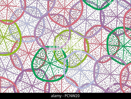 Illustration, Grafik mit Schichten von Zitrusfrüchten Form in den Farben Rosa, Lila, Grün, Rot mit schwarzer Outline. Stockfoto