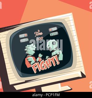 Retro videospiele Design mit retro Fernseher und Videospiel zeichen Kampf über orange Hintergrund, farbenfrohen Design. Vector Illustration Stock Vektor