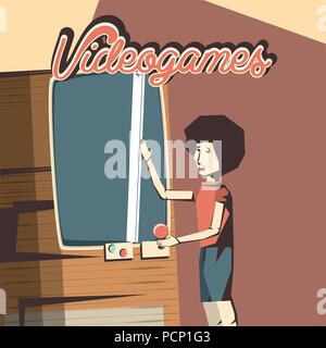 Retro videospiele Design mit Mann spielt im Arcade Maschine über den roten Hintergrund, farbenfrohen Design. Vector Illustration Stock Vektor