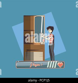 Retro videospiele Design mit Mann spielt im Arcade Maschine über blauen Hintergrund, farbenfrohen Design. Vector Illustration Stock Vektor