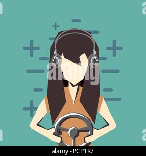 Retro videospiele Design mit Avatar Frau mit Kopfhörer und Lenkrad Controller auf blauem Hintergrund, farbenfrohen Design. Vector Illustration Stock Vektor