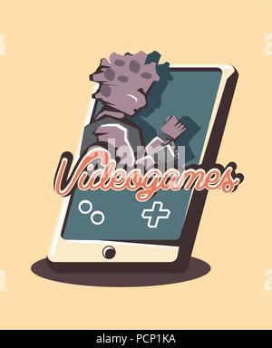 Retro videospiele Design mit tragbaren Gerät mit Monster Zeichen auf gelbem Hintergrund, farbenfrohen Design. Vector Illustration Stock Vektor